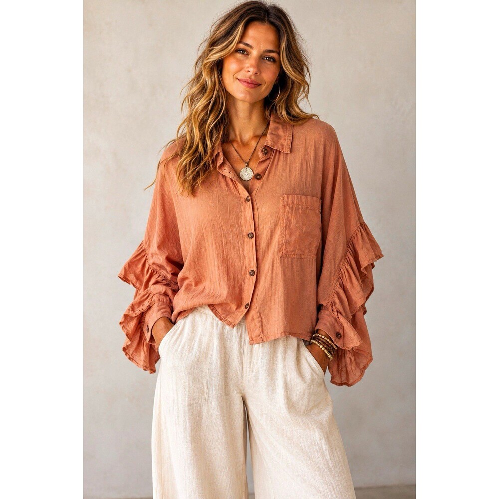 MABLE Brown Ruffle Button-Up Blouse cropped Dolman sleeve Size L boho Cute!
